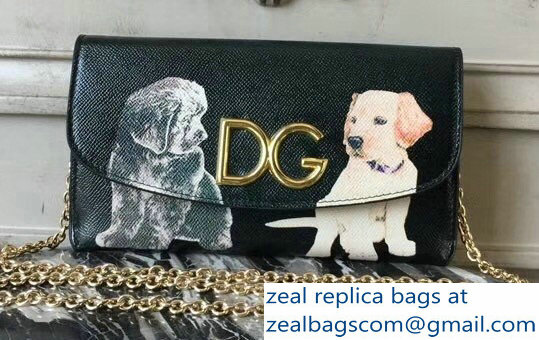 Dolce & Gabbana DG Chain Wallet Bag in Dauphine Calfskin Dog Print Black 2018